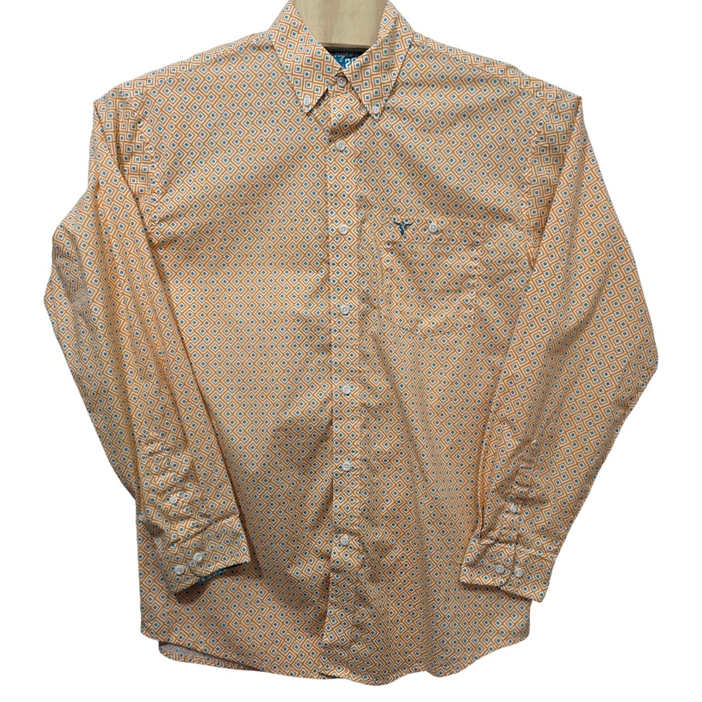 Wrangler 20X Competition Mens Large Orange Teal Geometric Print Shirt MJC113M